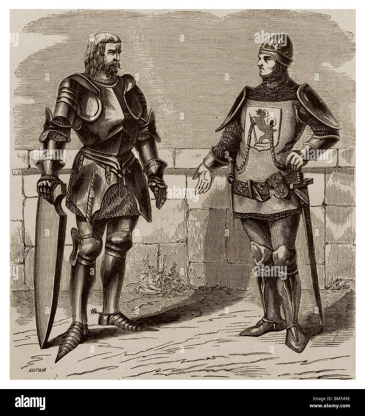 Chevaliers couverts d'armures de fer au 14e siècle en France. Banque D'Images