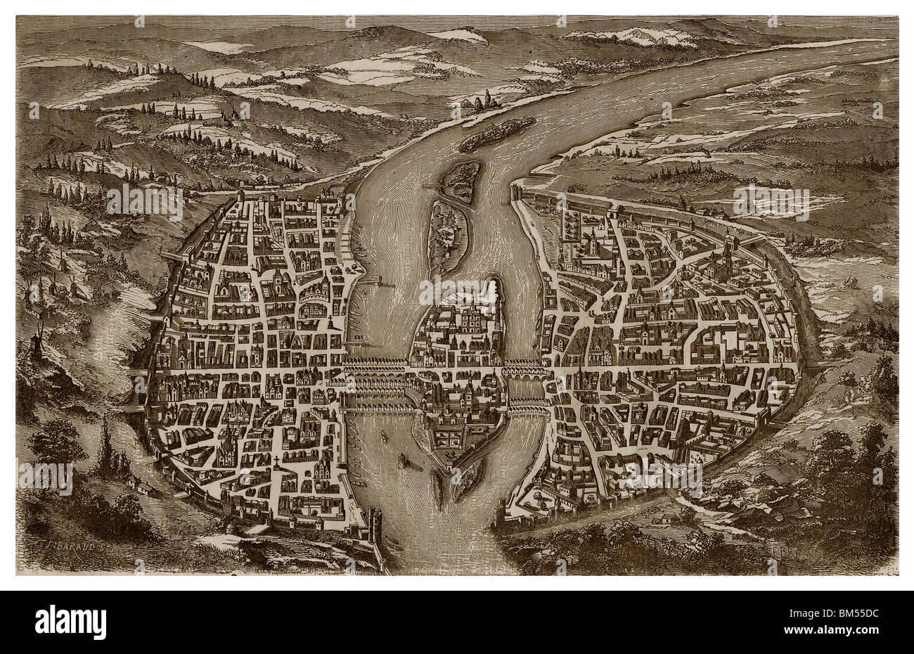 Plan de Paris pendant le règne de Philippe Auguste. Banque D'Images