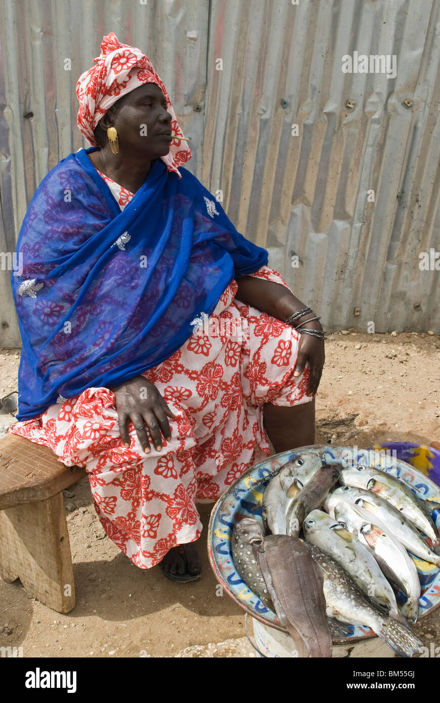 Femme sénégalaise à la vente du poisson dans les rues de Saint Louis. Au Sénégal, l'Afrique. Banque D'Images