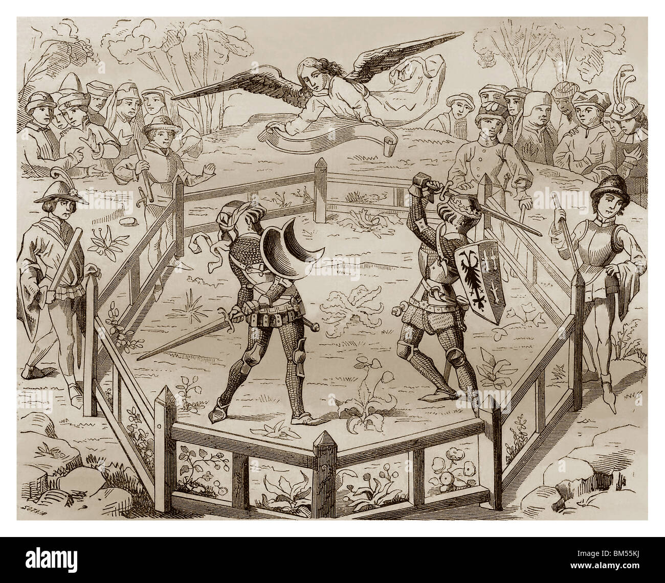 Seul combat soumis par le jugement de Dieu (Miniature du 15e siècle) . Banque D'Images