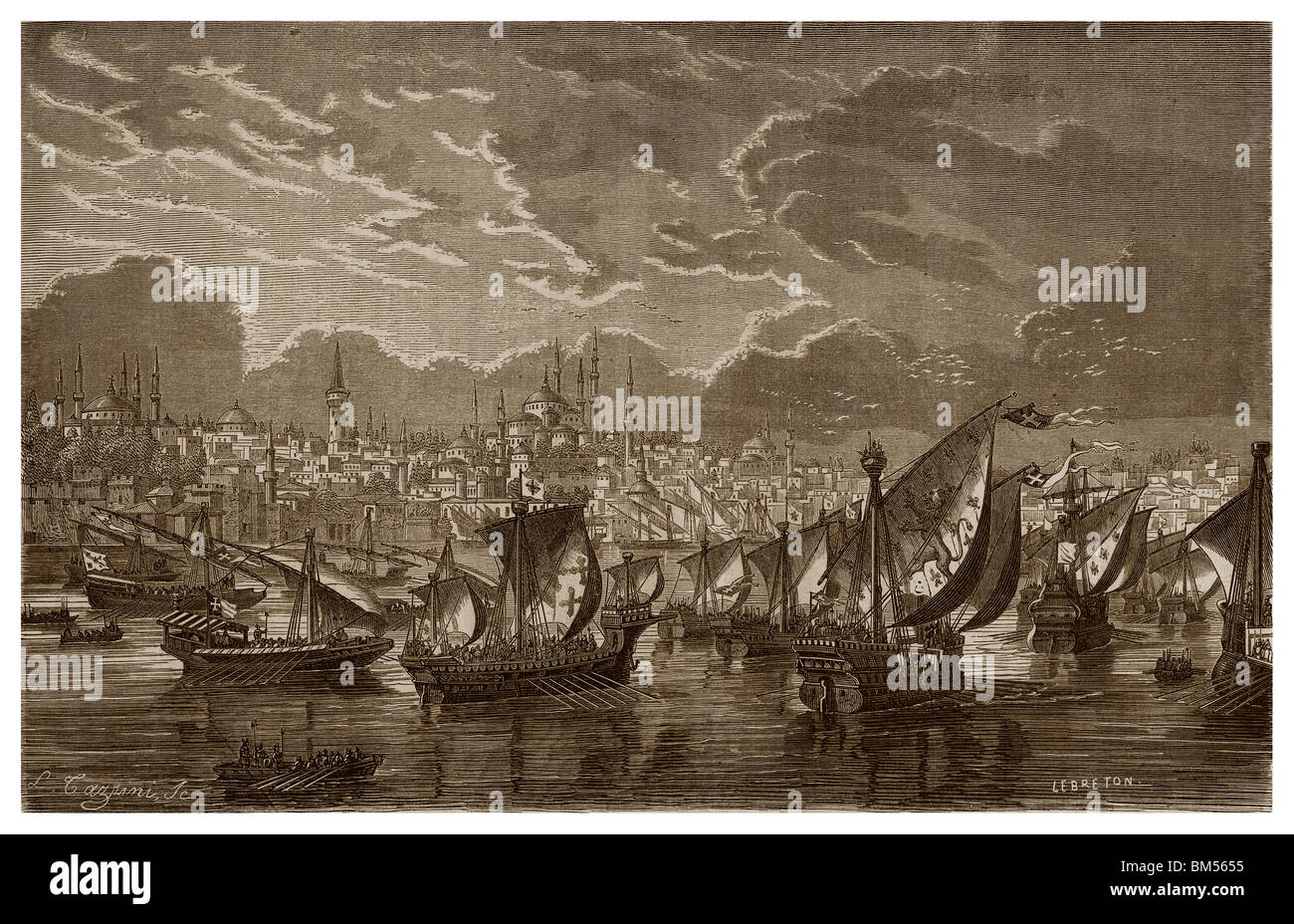 En 1203, lors de la quatrième croisade, l'arrivée de la flotte des croisés en face de Constantinople. Banque D'Images