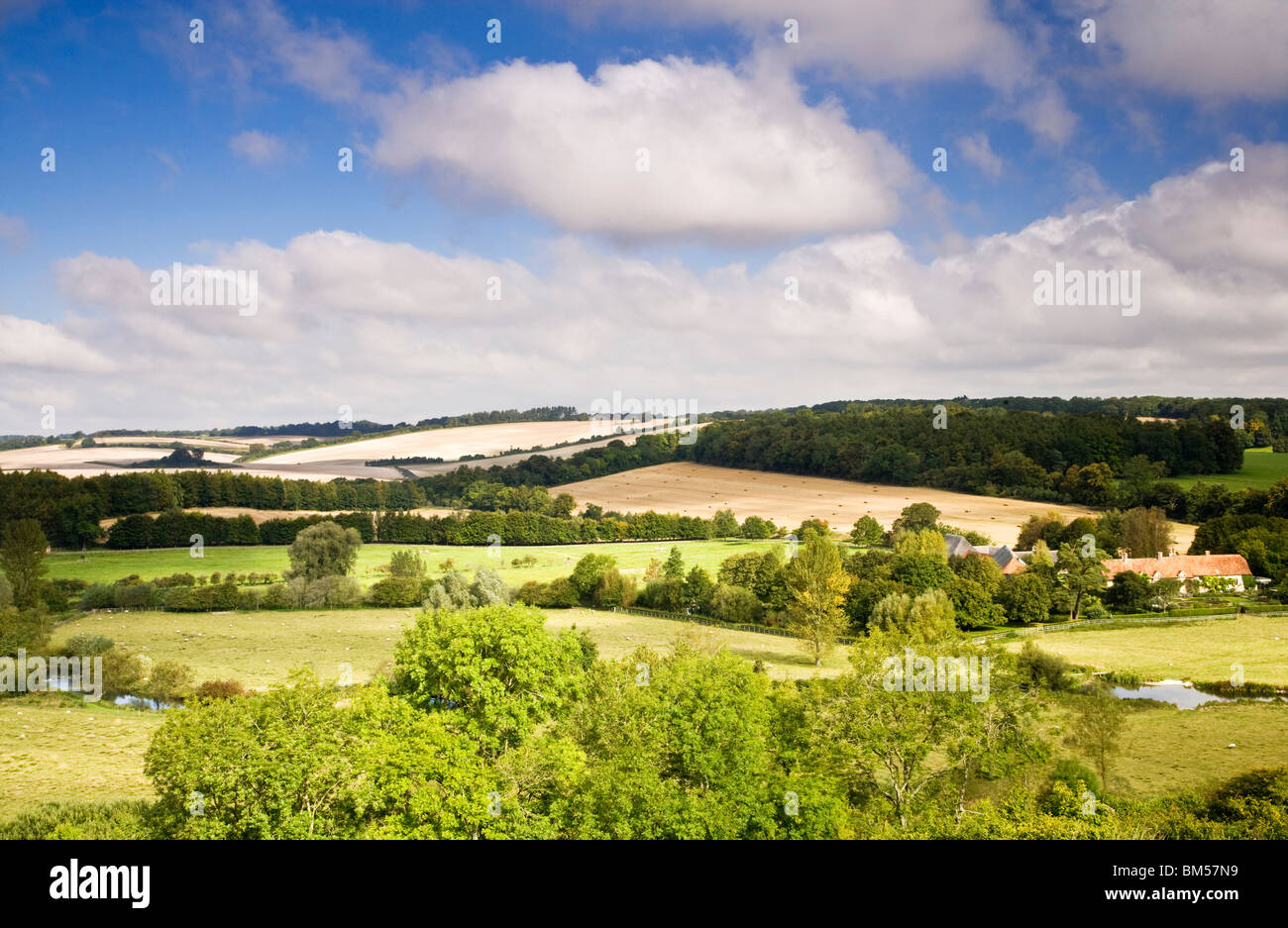 Vue sur les terres agricoles et des paysages variés dans la vallée de Kennet près de Axford dans le Wiltshire, England, UK Banque D'Images