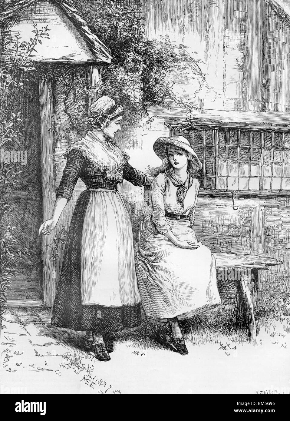 Deux femmes assis dehors sur un banc en bois Banque D'Images