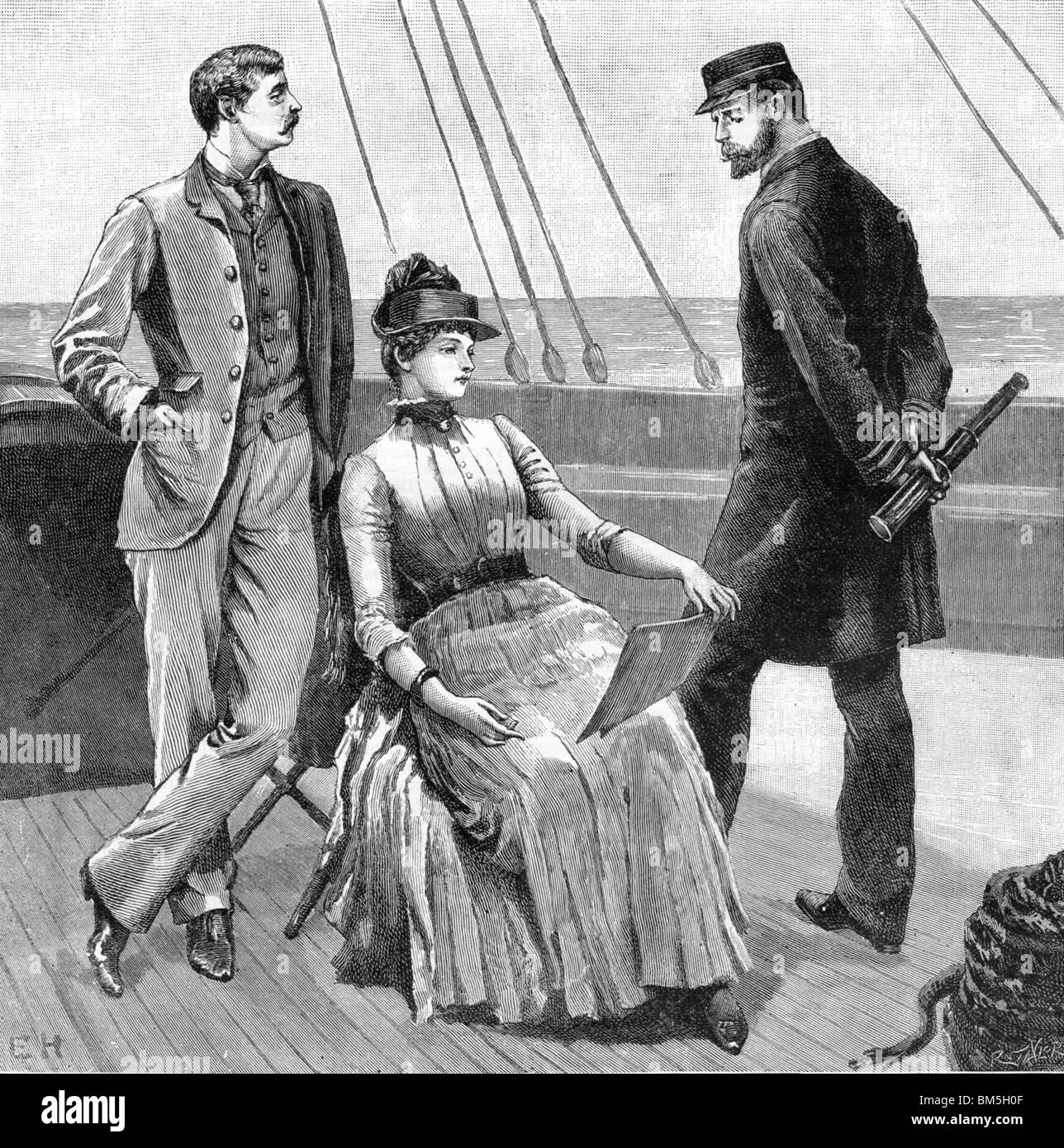 Femme et deux hommes sur un bateau à voile Banque D'Images