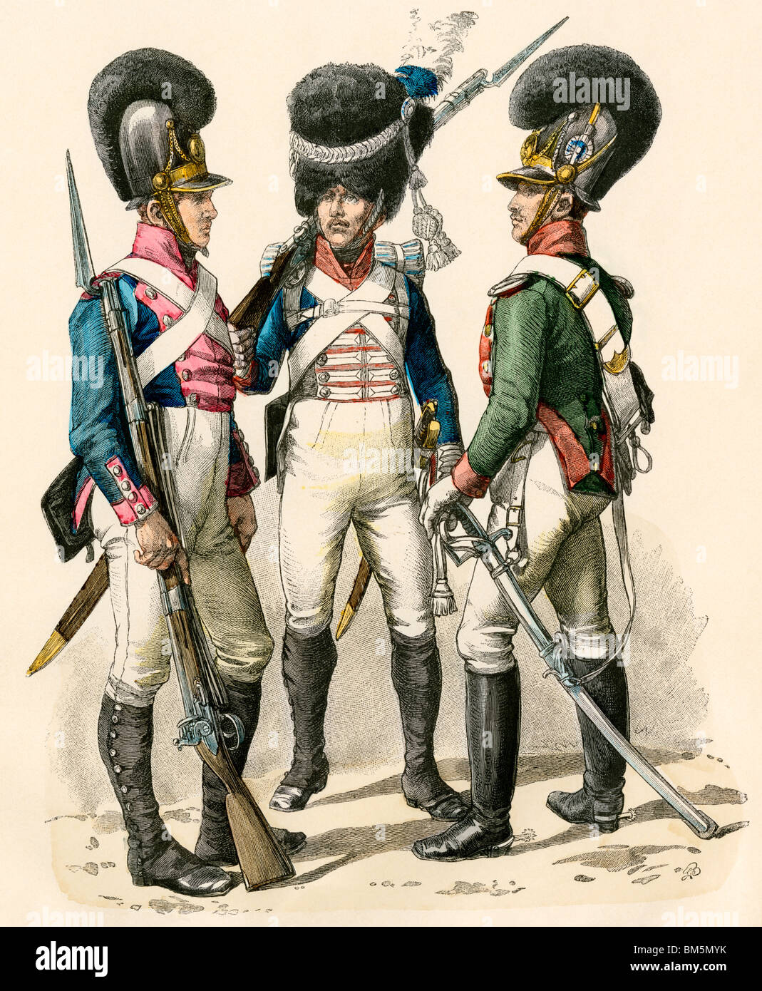 Uniformes de l'armée française : infanterie 1814-1825, 1812-1815, et à la cavalerie grenadier 1805-1812. Impression couleur à la main Banque D'Images