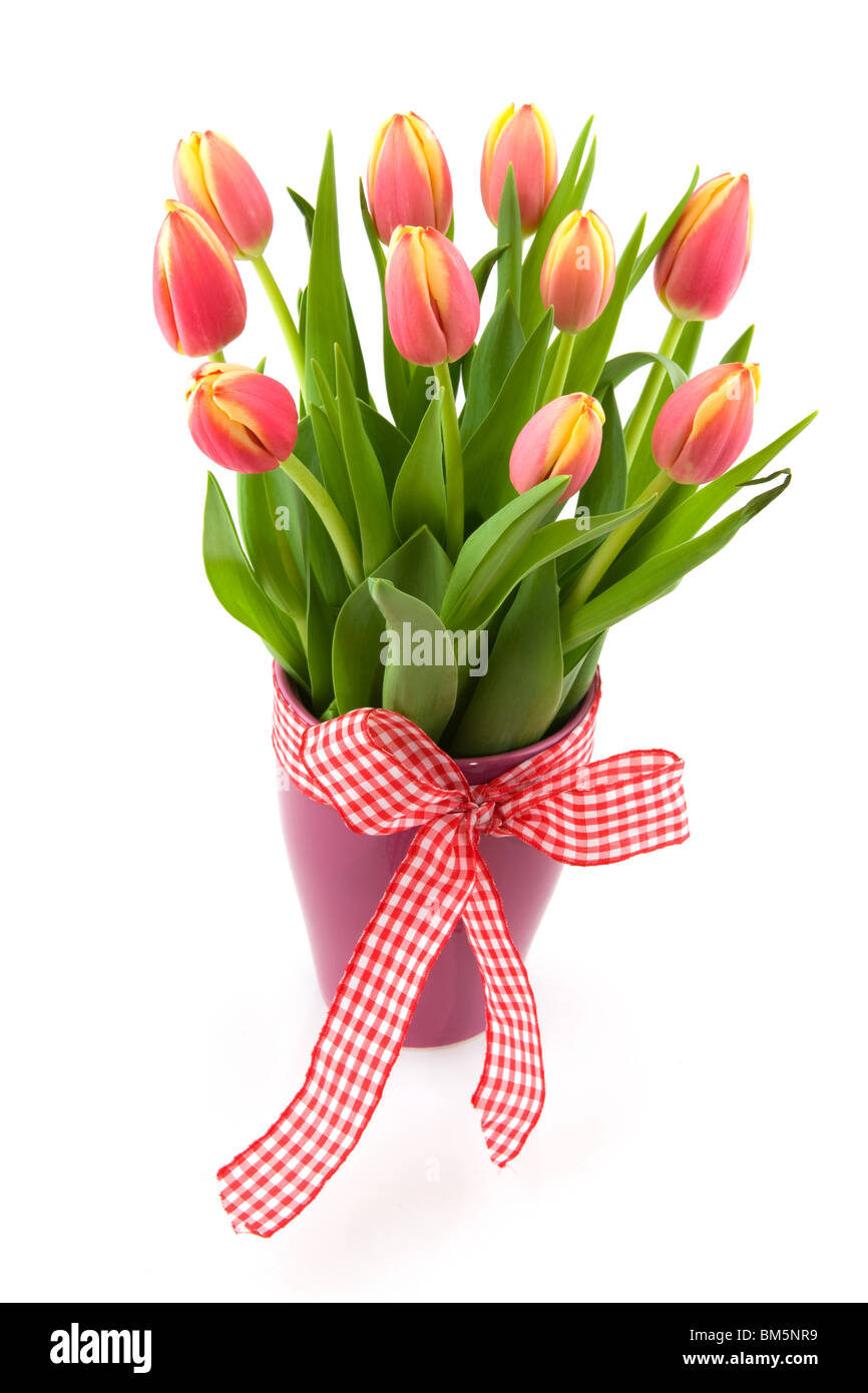 Cheerful vase avec bouquet de tulipes et ruban décoratif Banque D'Images