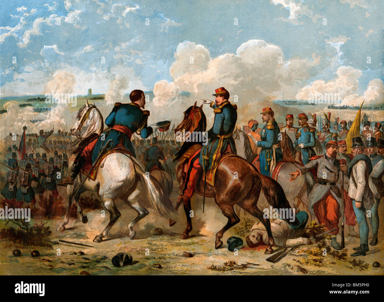 Leader français de Napoléon III et de Sardaigne contre les Autrichiens à Solférino, en Italie, en 1859. Lithographie couleur Banque D'Images