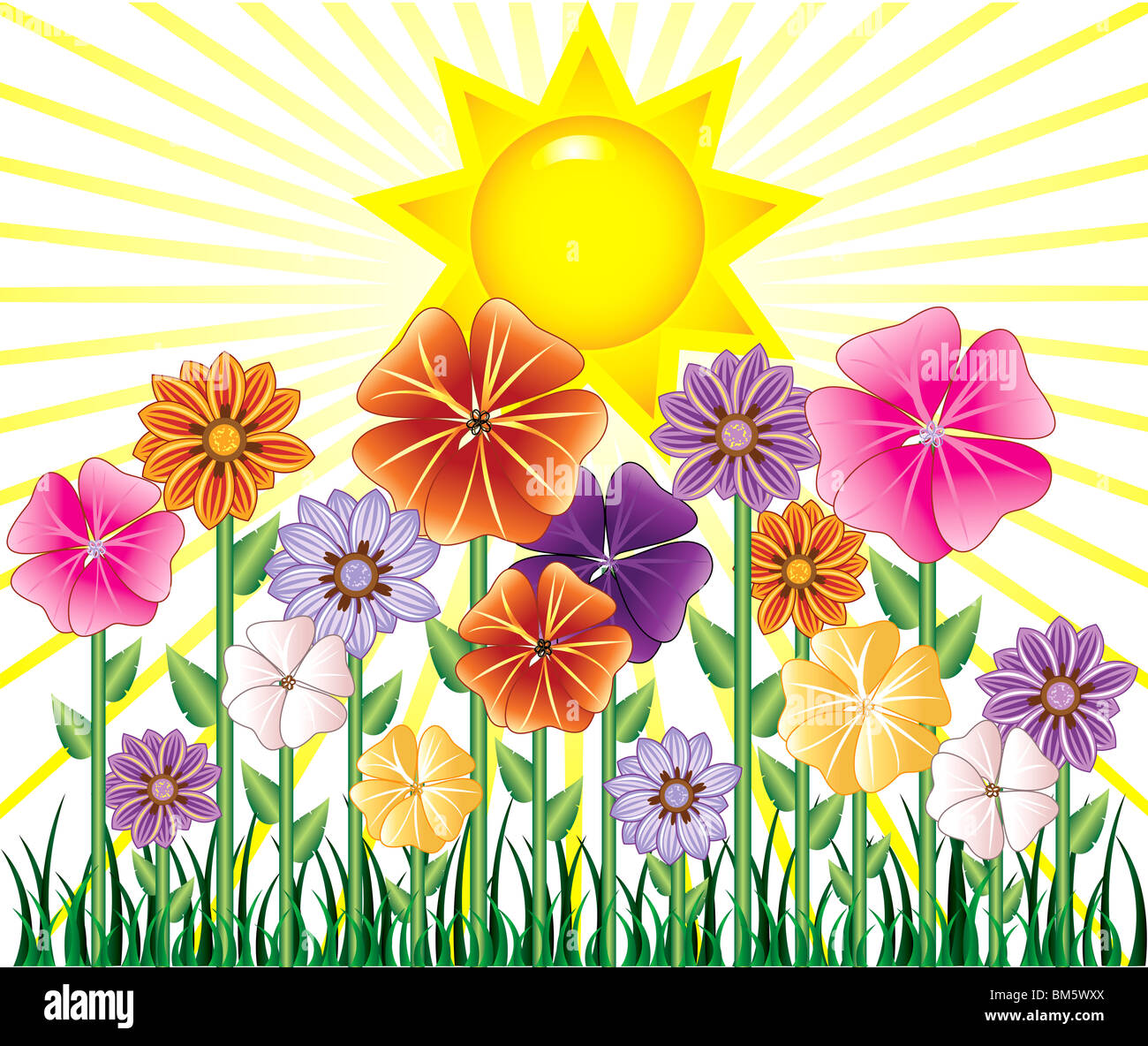 Illustration d'un raster jour de printemps avec un Soleil et Jardin fleuri avec de l'herbe. Banque D'Images