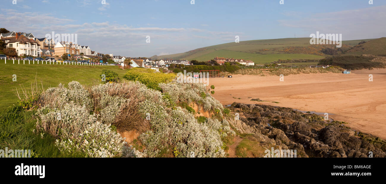 Royaume-uni, Angleterre, Devon, Woolacombe Sands Beach en fin d'après-midi, lumière, vue panoramique Banque D'Images