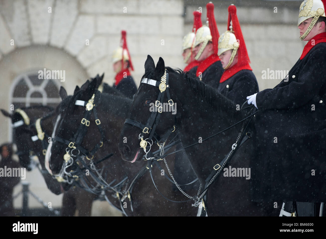Household Cavalry régiment monté dans la neige à la relève de la garde , , Londres, Angleterre Banque D'Images