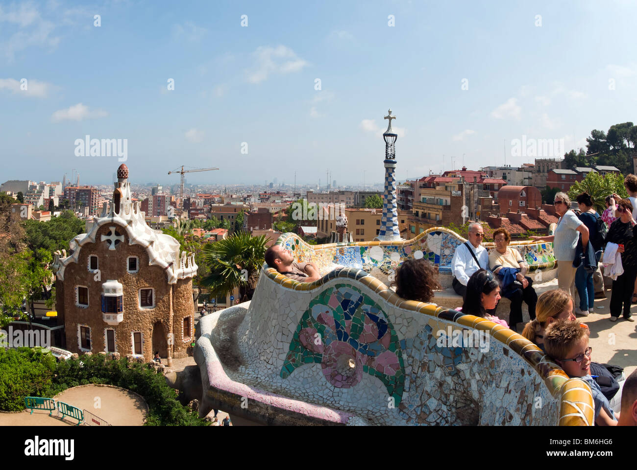Parc Guell et aperçu de la ville de Barcelone Banque D'Images