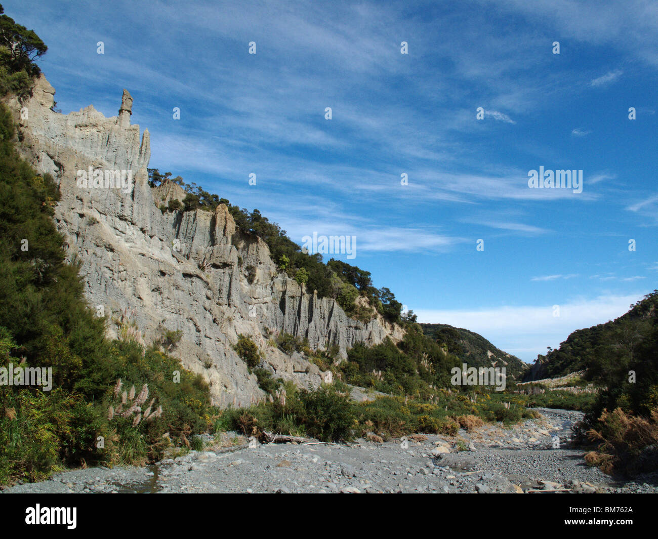 Les Putangirua Pinnacles rock formations in Palliser Bay sur la côte Wairarapa de Nouvelle-Zélande, île du Nord Banque D'Images