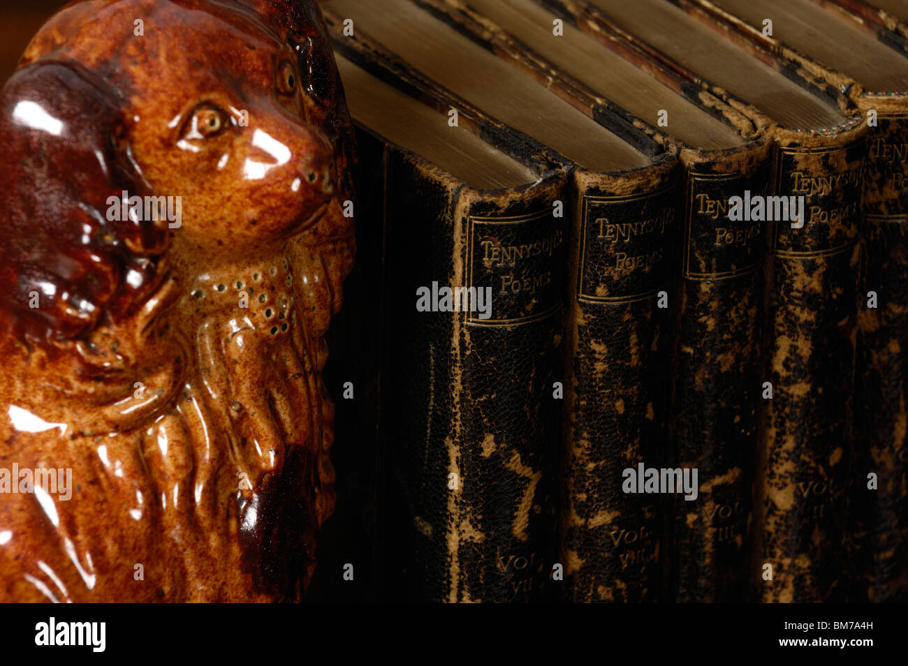 Un sel anglais émaillés grès poterie ornement chien appuie un certain nombre de petits vieux livres de poésie la poésie anglaise par Tennyson Banque D'Images