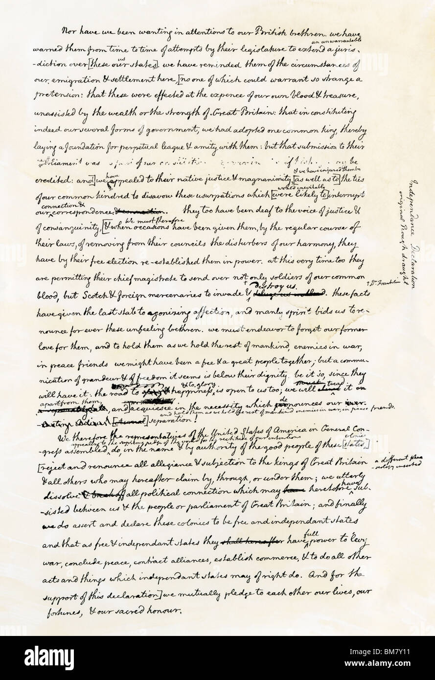Projet de déclaration de l'indépendance dans l'écriture, la page 4. Gravure sur bois avec un lavage à l'aquarelle Banque D'Images