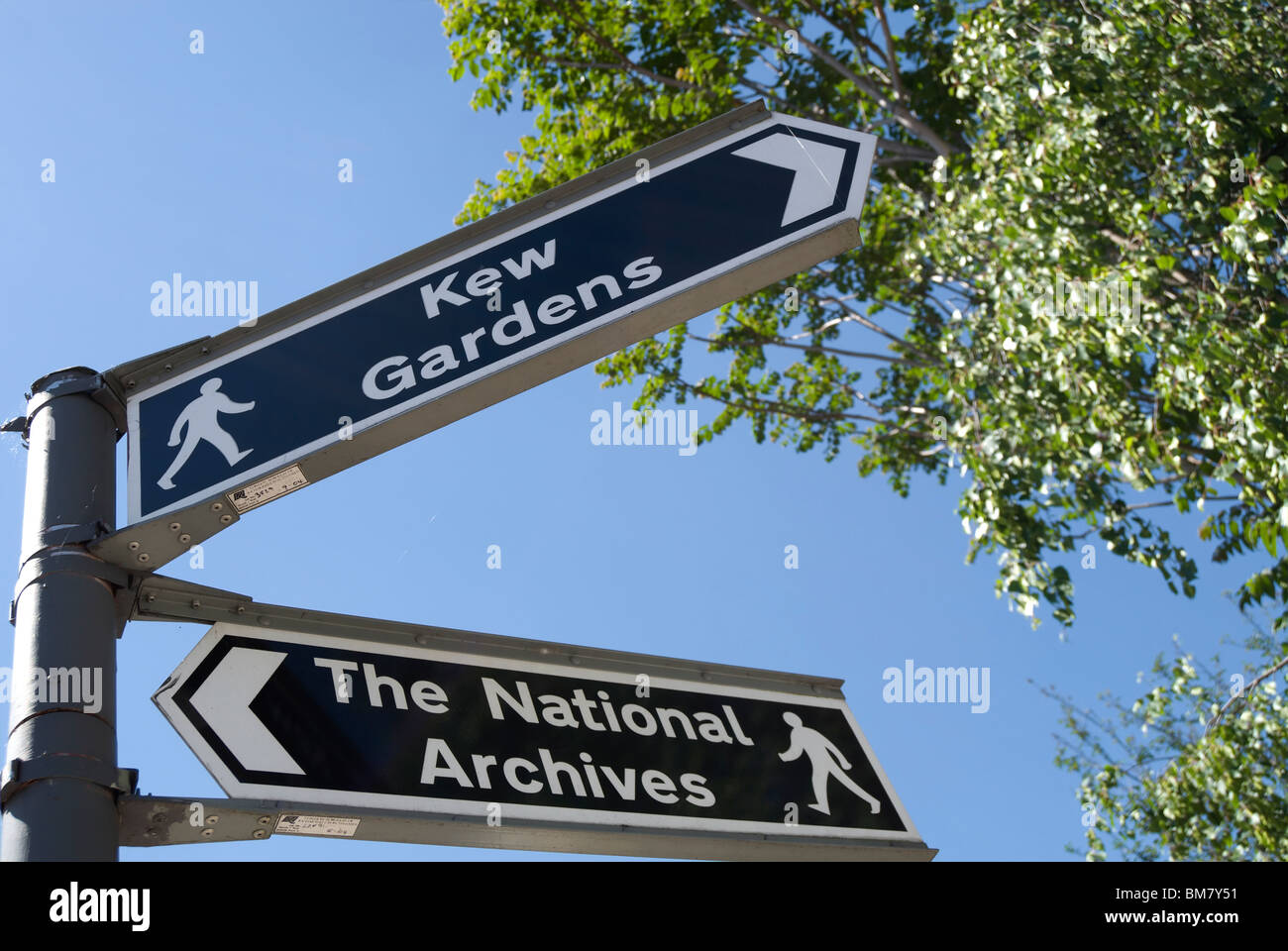 Les panneaux signalant la présence d'itinéraires de randonnées pour les archives nationales et les jardins de Kew, à Kew, Surrey, Angleterre Banque D'Images