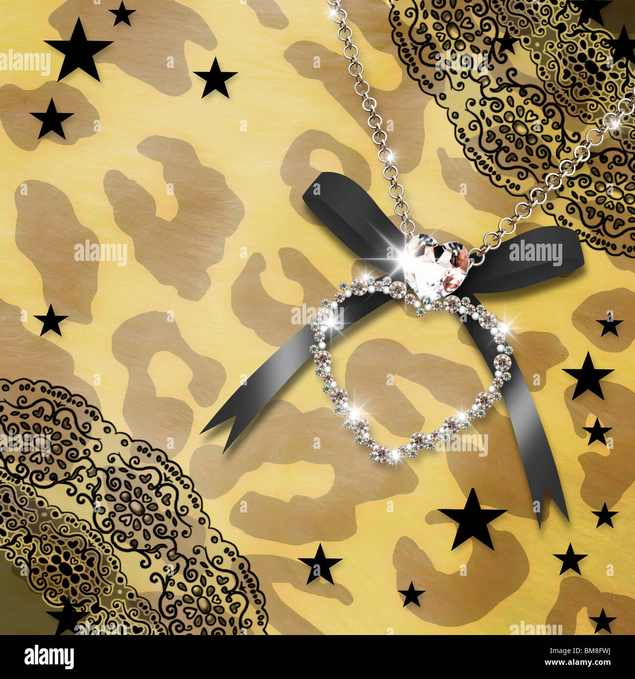 Bijoux, coeur, étoile, dentelles et leopard print, CG Banque D'Images