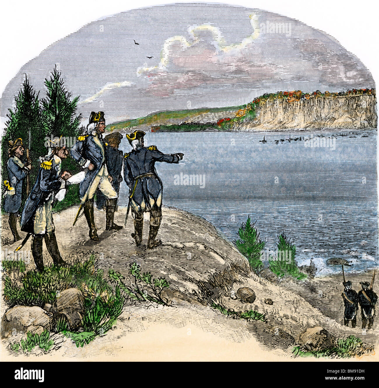 Le général George Washington donnant sur l'Hudson à Washington Heights, Révolution américaine. À la main, gravure sur bois Banque D'Images