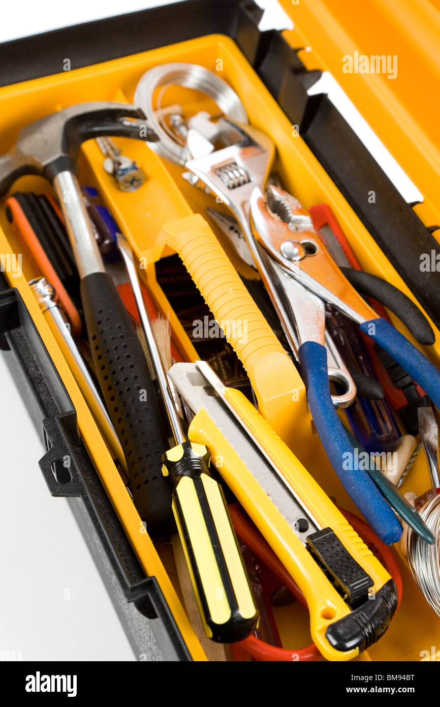 Boîte à outils jaune close up shot Banque D'Images