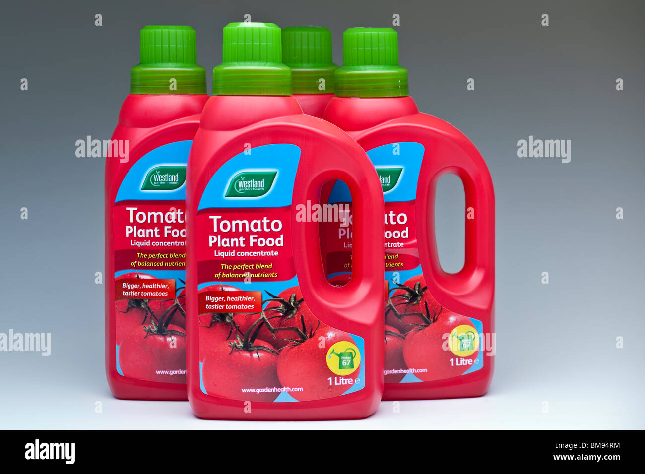 Quatre conteneurs en plastique de 1 litre de nourriture de plante de tomate Westland Banque D'Images
