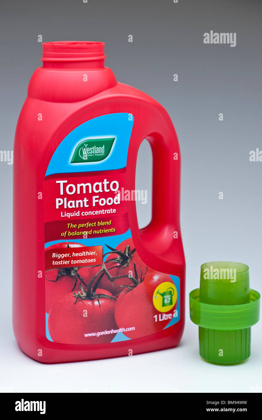 Les contenants de plastique de 1 litre de nourriture de plante de tomate Westland Banque D'Images