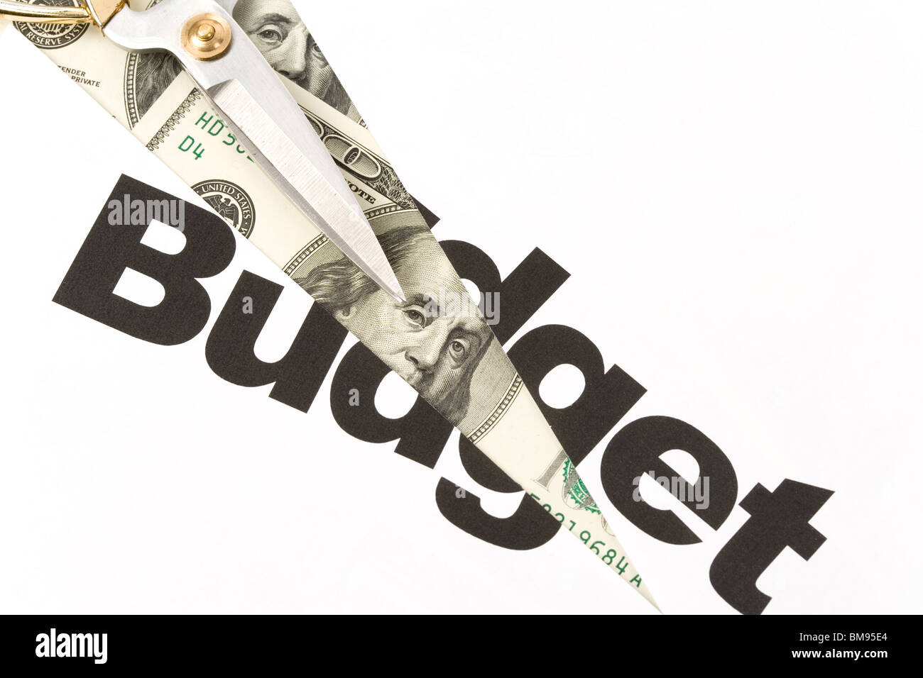 Texte du Budget et des ciseaux, concept de réduction du budget Banque D'Images