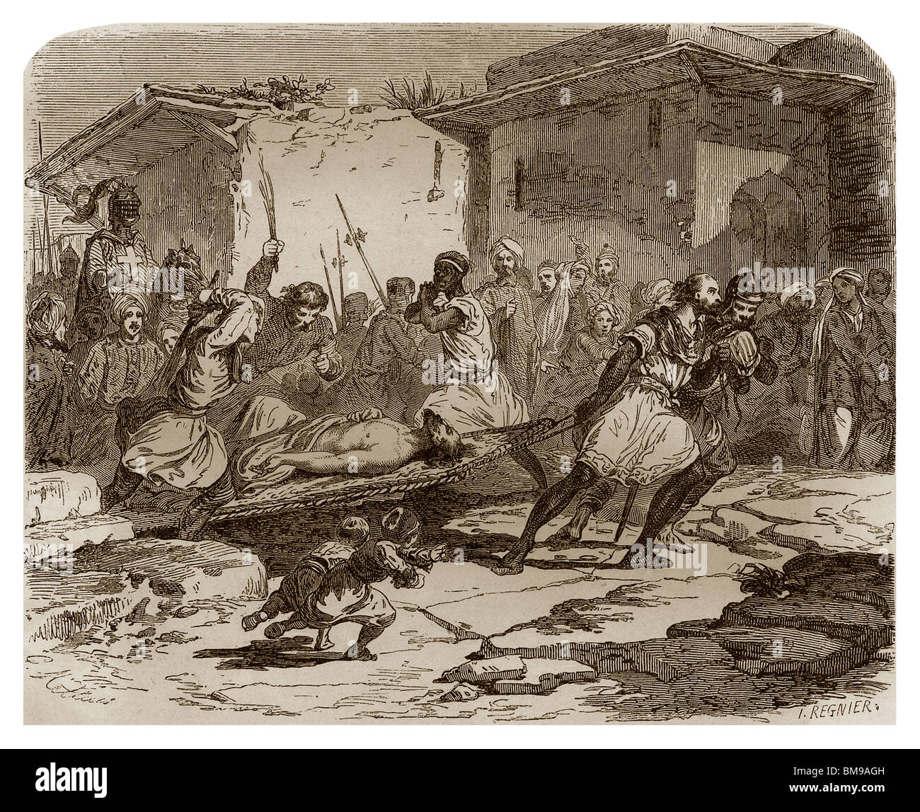 En 1038, foulques III Nerra, appelé le noir, il a été traîné sur un rack en osier à travers les rues de Jérusalem. Banque D'Images