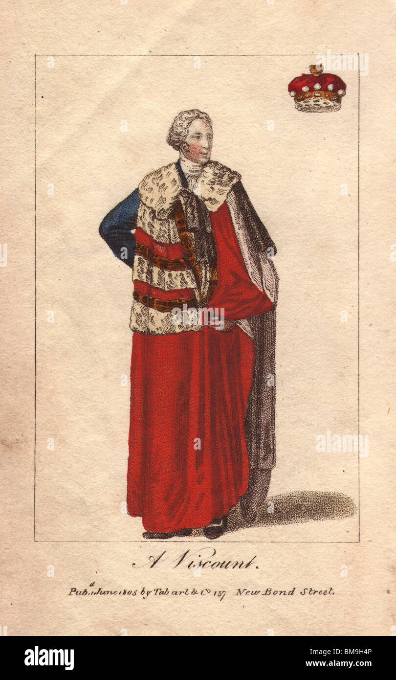 Un Vicomte. À coronation robes, avec manteau de velours rouge avec deux rangées de fourrure blanc lisse. Sa couronne a une rangée de perles. Banque D'Images