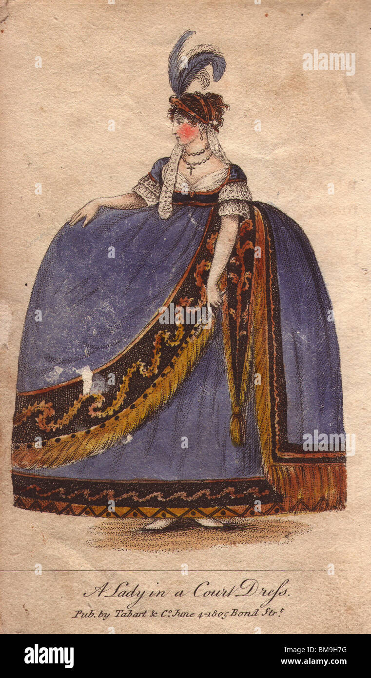 Dame de cour vêtue d'une robe à taille haute articles volumineux avec de l'or robe glands, coiffure de plumes. Banque D'Images