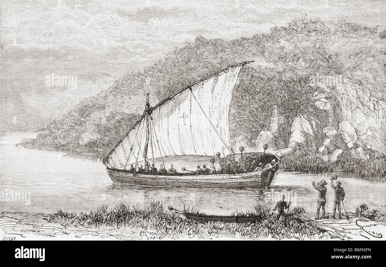 Un dhow sur le fleuve Congo au 19e siècle. Banque D'Images