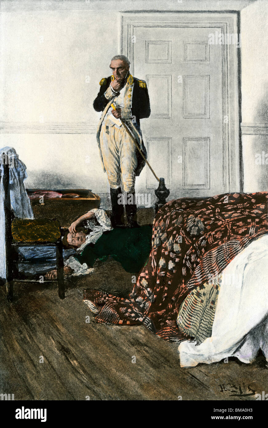 L'épouse de Benedict Arnold s'évanouit sur l'audience que sa trahison a été découvert, 1780. À la main, gravure sur bois Banque D'Images