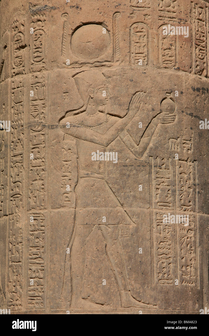 Un dégagement sur une colonne dans le temple de Philae en Egypte Banque D'Images