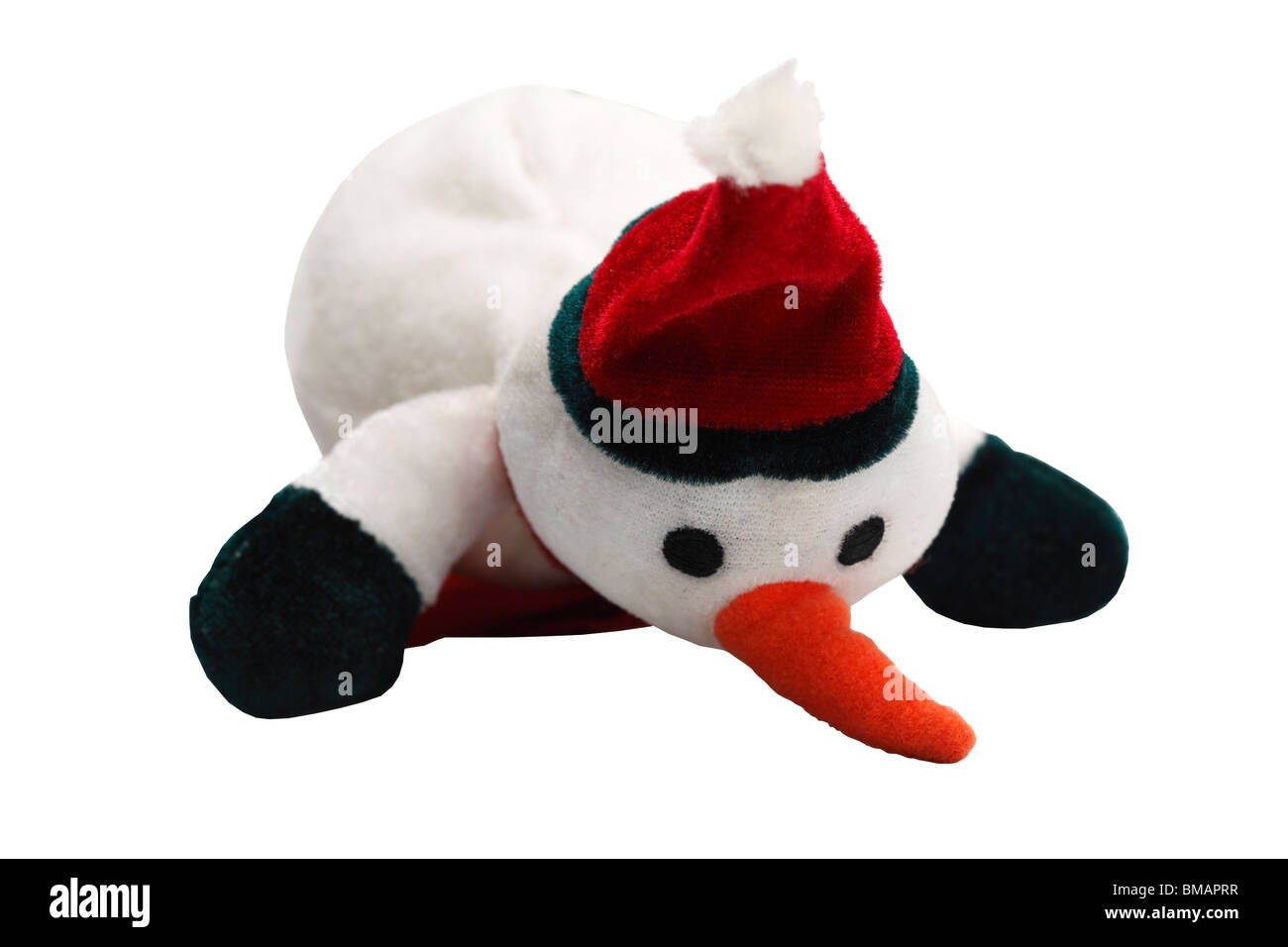 Peluche bonhomme blanc avec bonnet et écharpe rouge jouet poilu sur fond blanc festival fête de l'arbre de Noël Bonhomme de neige vêtu cicatrice Banque D'Images