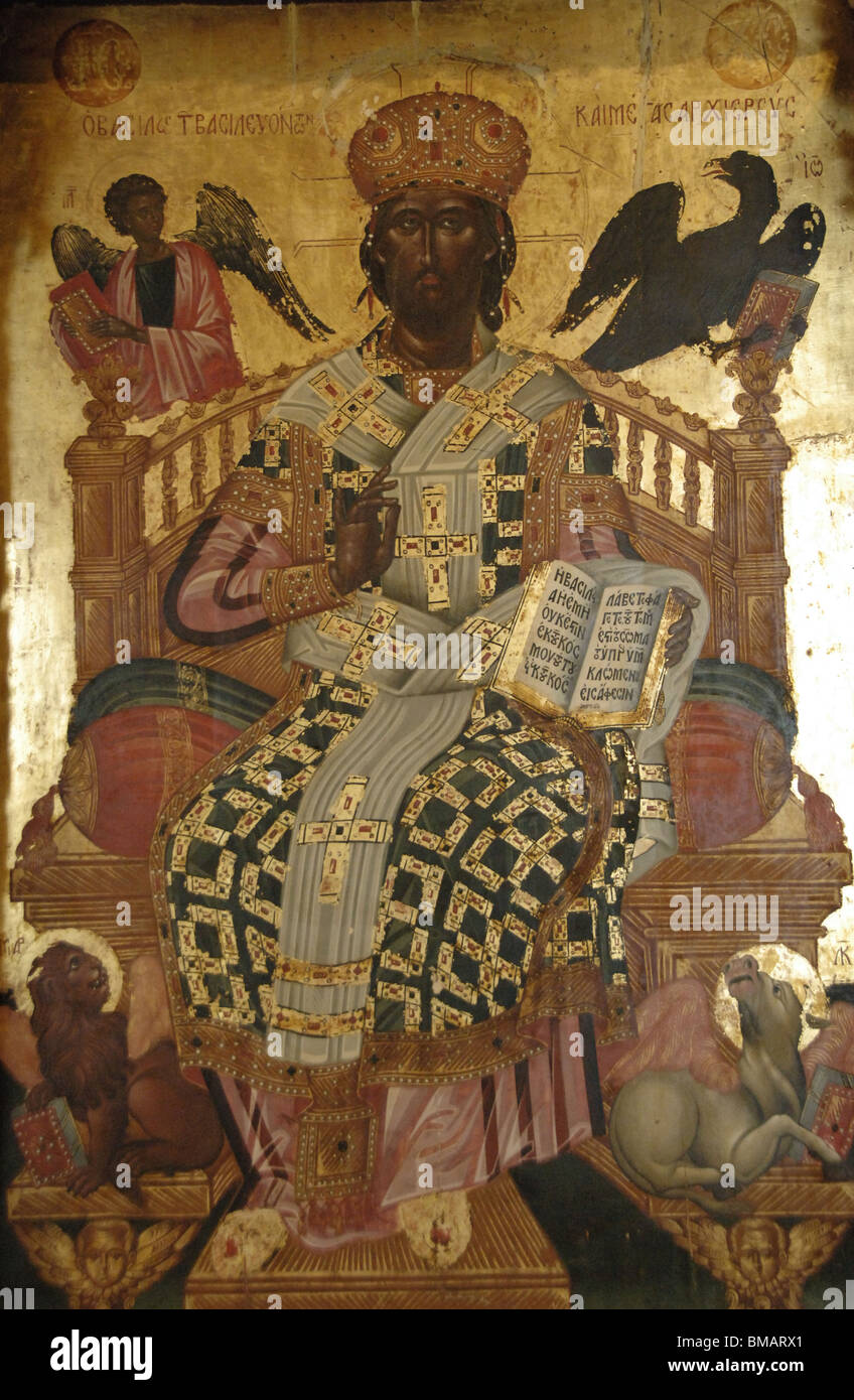 Le Christ en majesté. Angelos par Masketis iconostase en bois. Musée byzantin. Zante. Îles Ioniennes. La Grèce. Banque D'Images