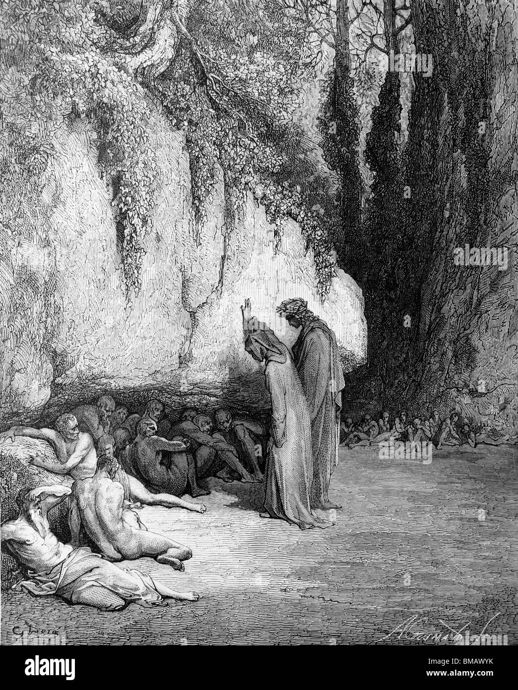 Gravure de Gustave Doré de la Divine Comédie de Dante Alighieri 'Purgatoire et Paradis', Dante et Virgile aux âmes des Banque D'Images