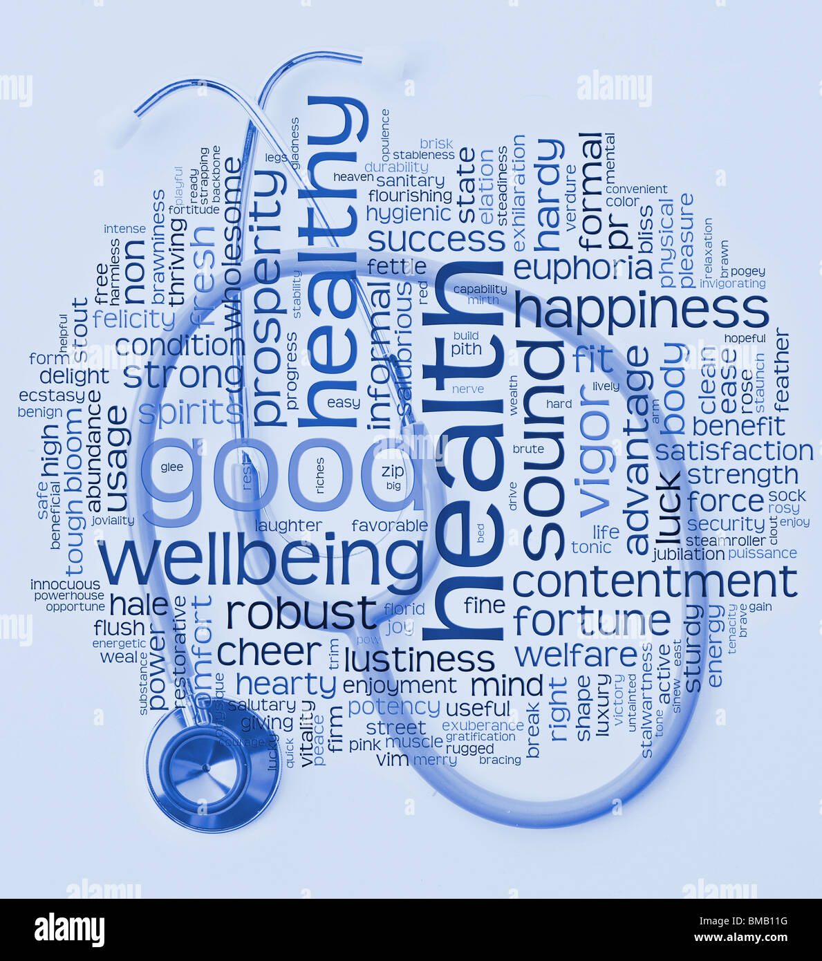 En bonne santé et le bien-être santé mot ou tag cloud avec des tons bleus à l'hôpital stethscope Banque D'Images