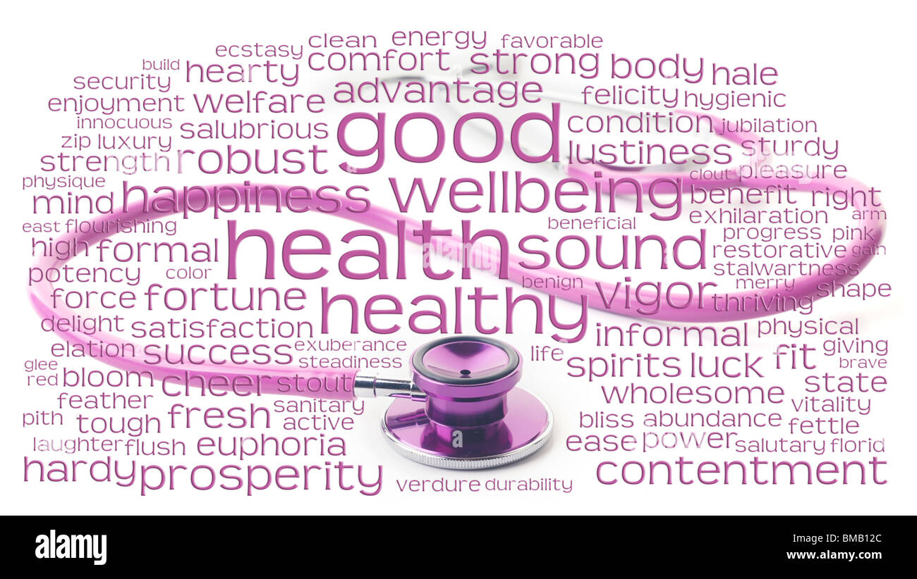 En bonne santé et le bien-être santé rose mot ou tag cloud sur stéthoscope rose Banque D'Images