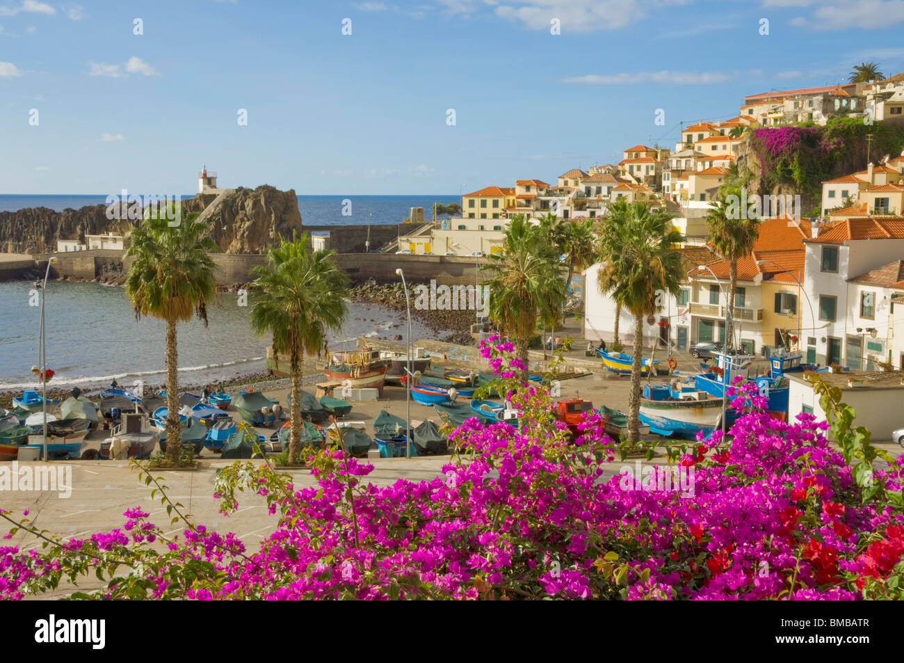 Port et port de Camara de Lobos, avec des bateaux de pêche traditionnels, côte sud de Madère, Portugal, Union européenne, Europe Banque D'Images