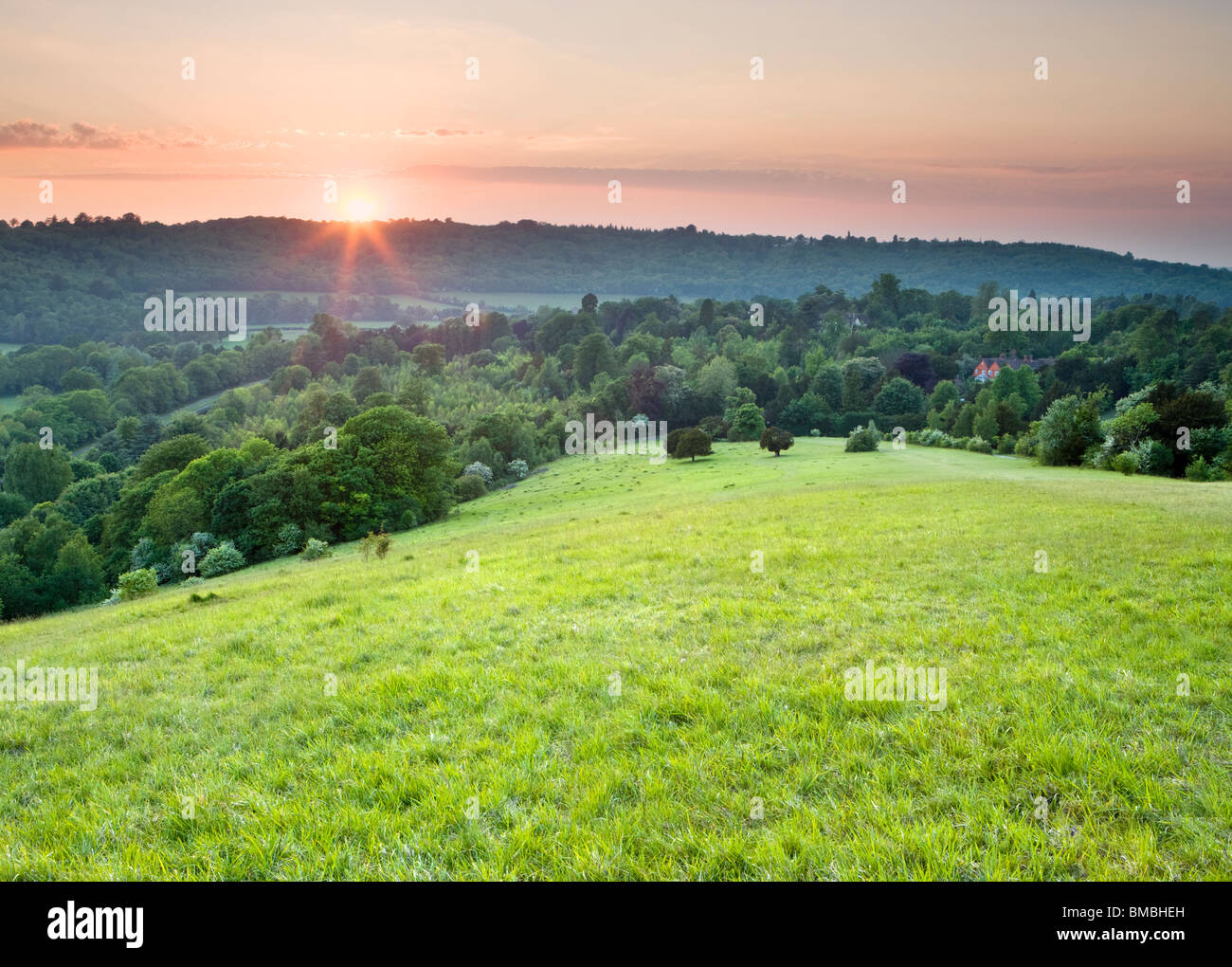 Coucher du soleil à Fort Hill, North Downs, Dorking, Surrey, UK Banque D'Images