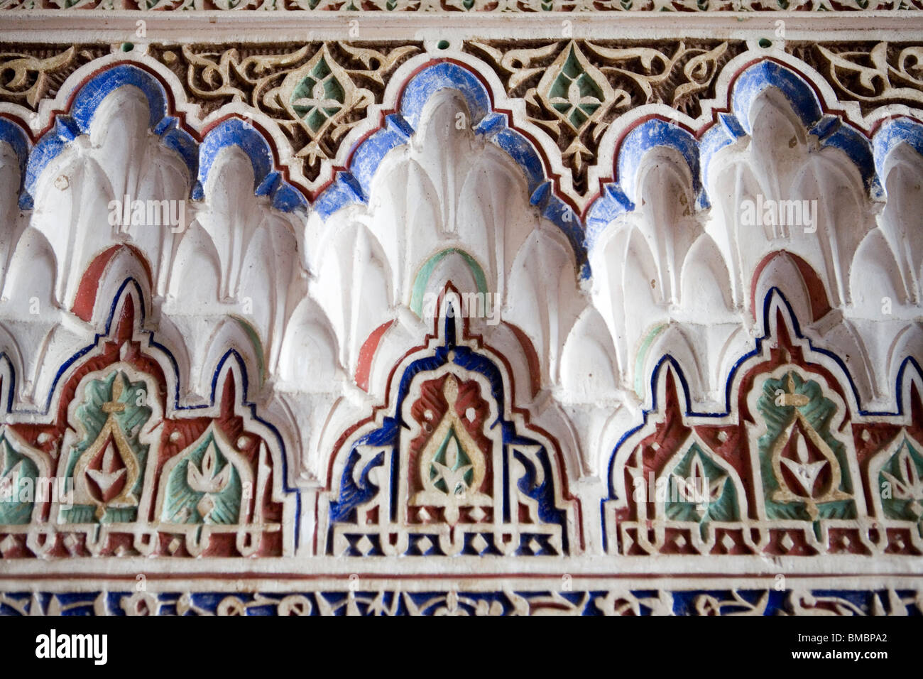 Détail du mur , El Bahia Palace , Marrakech , Maroc , Afrique du Nord Banque D'Images