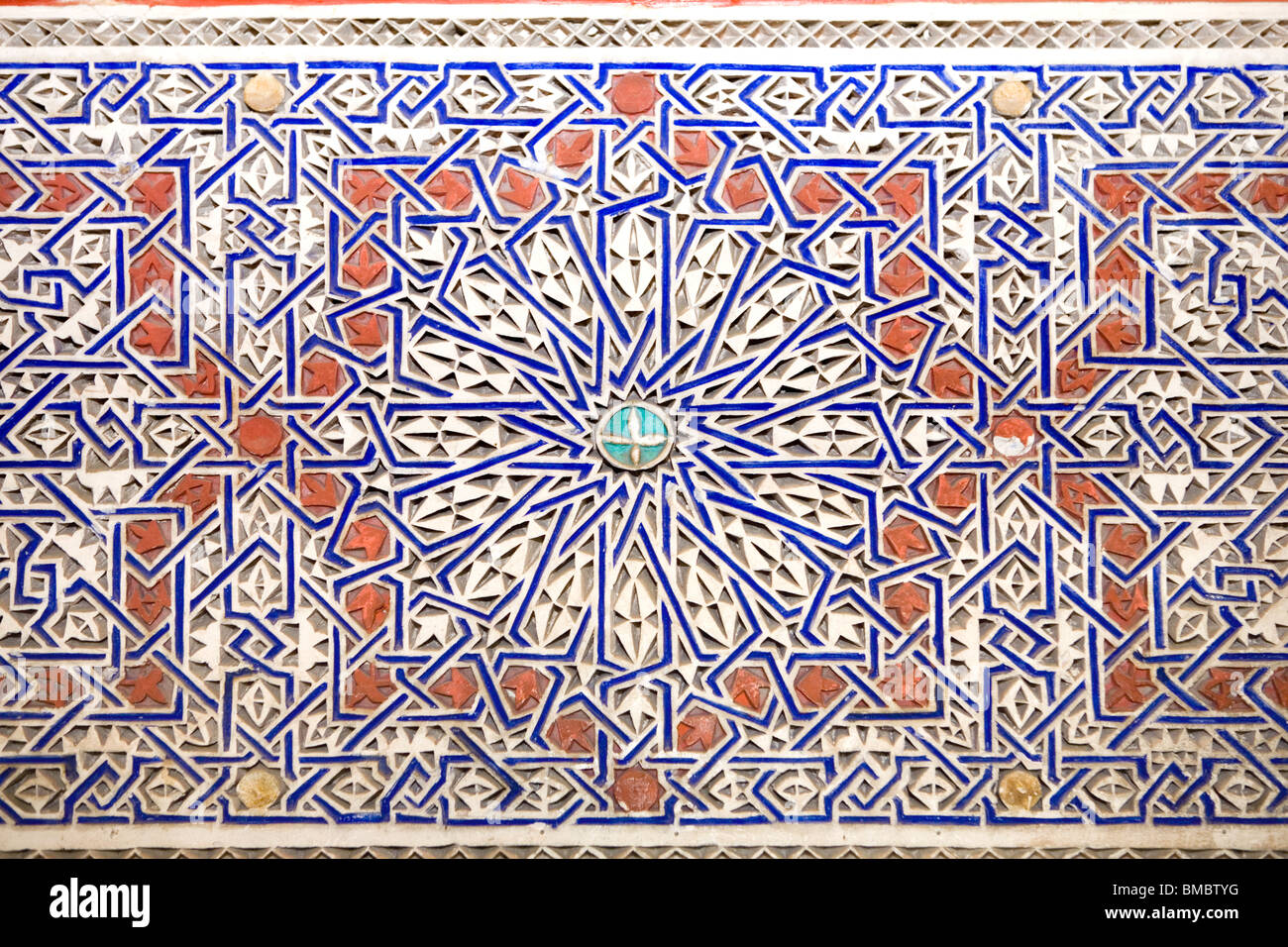 Détail du mur , El Bahia Palace , Marrakech , Maroc , Afrique du Nord Banque D'Images