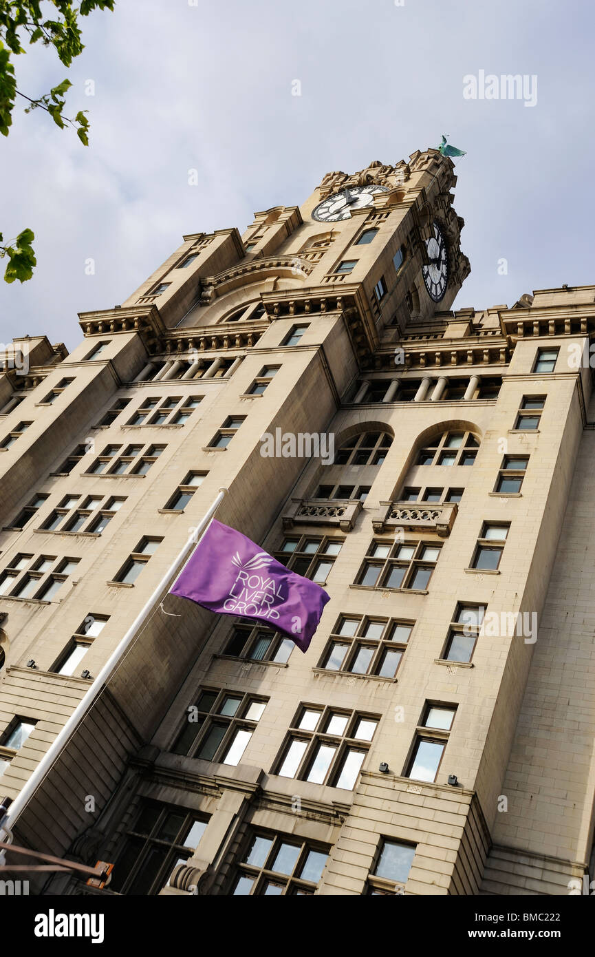 Assurance Royal Liver drapeau à l'avant de l'Édifice du foie, une des trois Grâces à Pier Head sur les rives de la rivière Banque D'Images