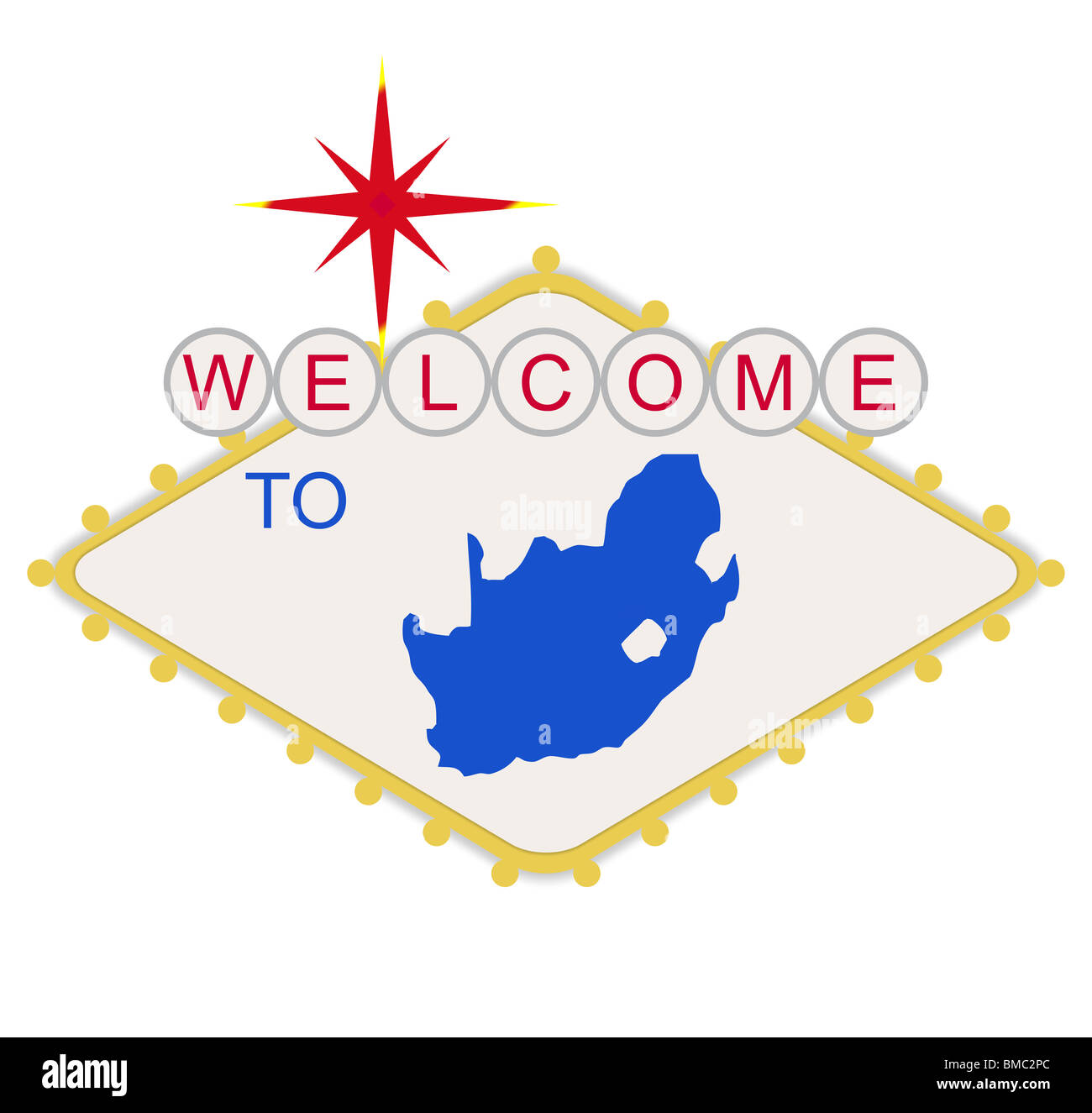 Bienvenue à l'Afrique du Sud en signe de style célèbre Las Vegas sign, isolé sur fond blanc. Banque D'Images