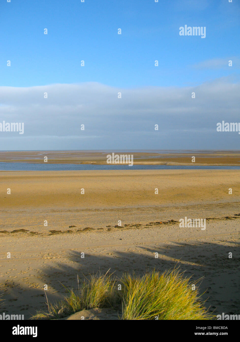 Un ciel bleu avec un peu de nuages et d'une plage de sable jaune. L'herbe au premier plan jette une ombre sur la plage. Banque D'Images