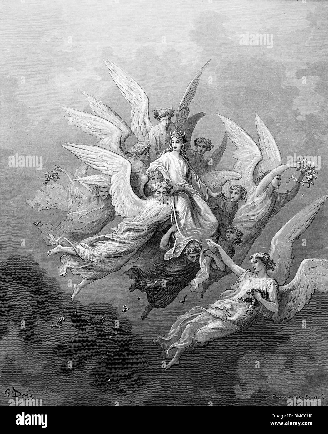 Gravure de Gustave Doré de la Divine Comédie de Dante Alighieri, cent chantant anges apparaissent transportant Beatrice Banque D'Images