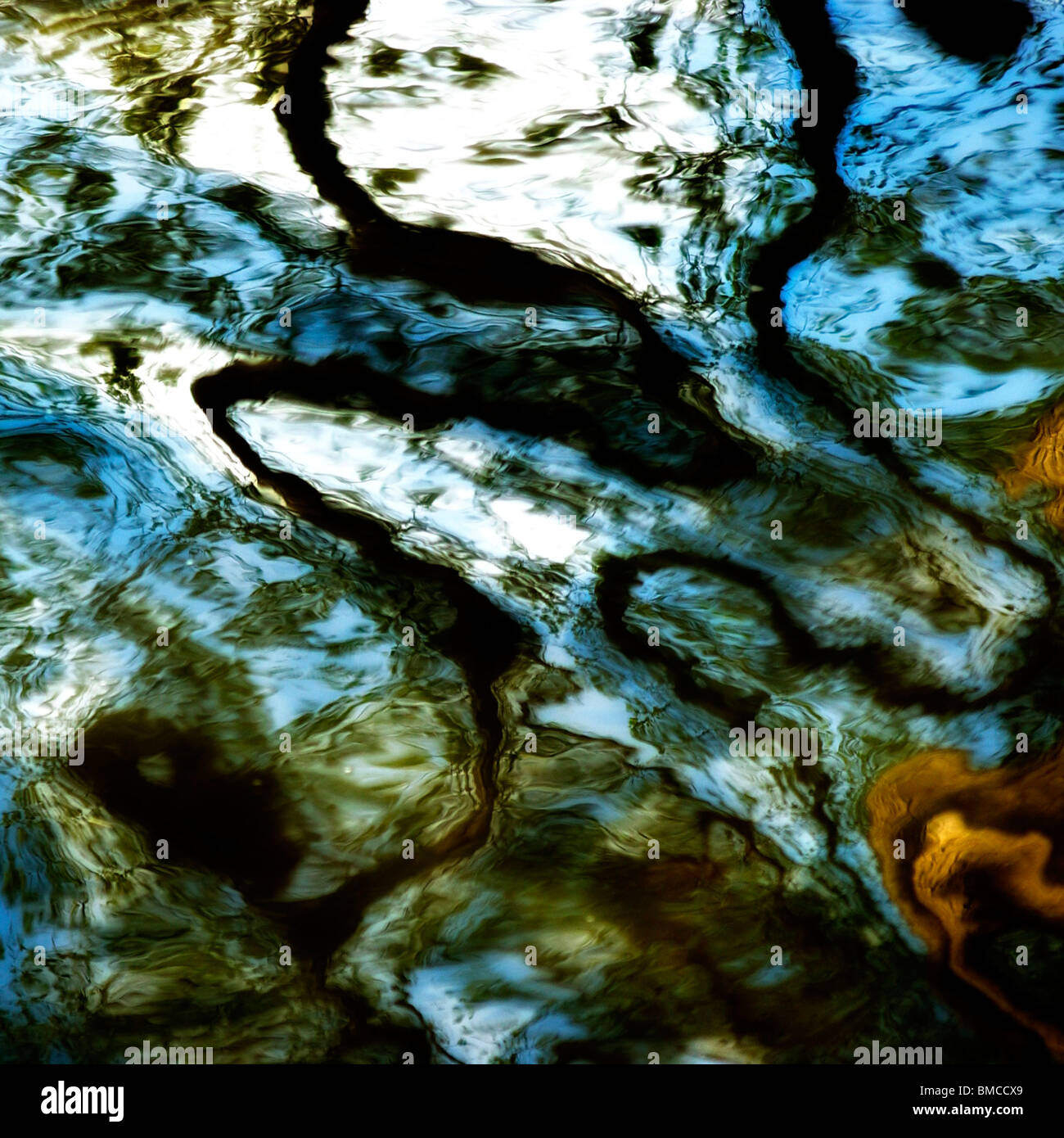 Les couleurs vives se reflètent sur l'eau créant un motif artistique abstrait lors d'une journée ensoleillée Banque D'Images