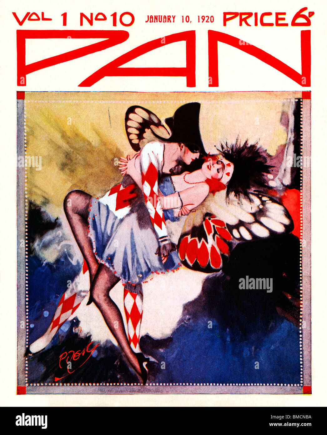 Pan, 10 janvier 1920, art déco couverture du magazine littéraire anglais, un pierrot embrasse son ange au bal masque Banque D'Images