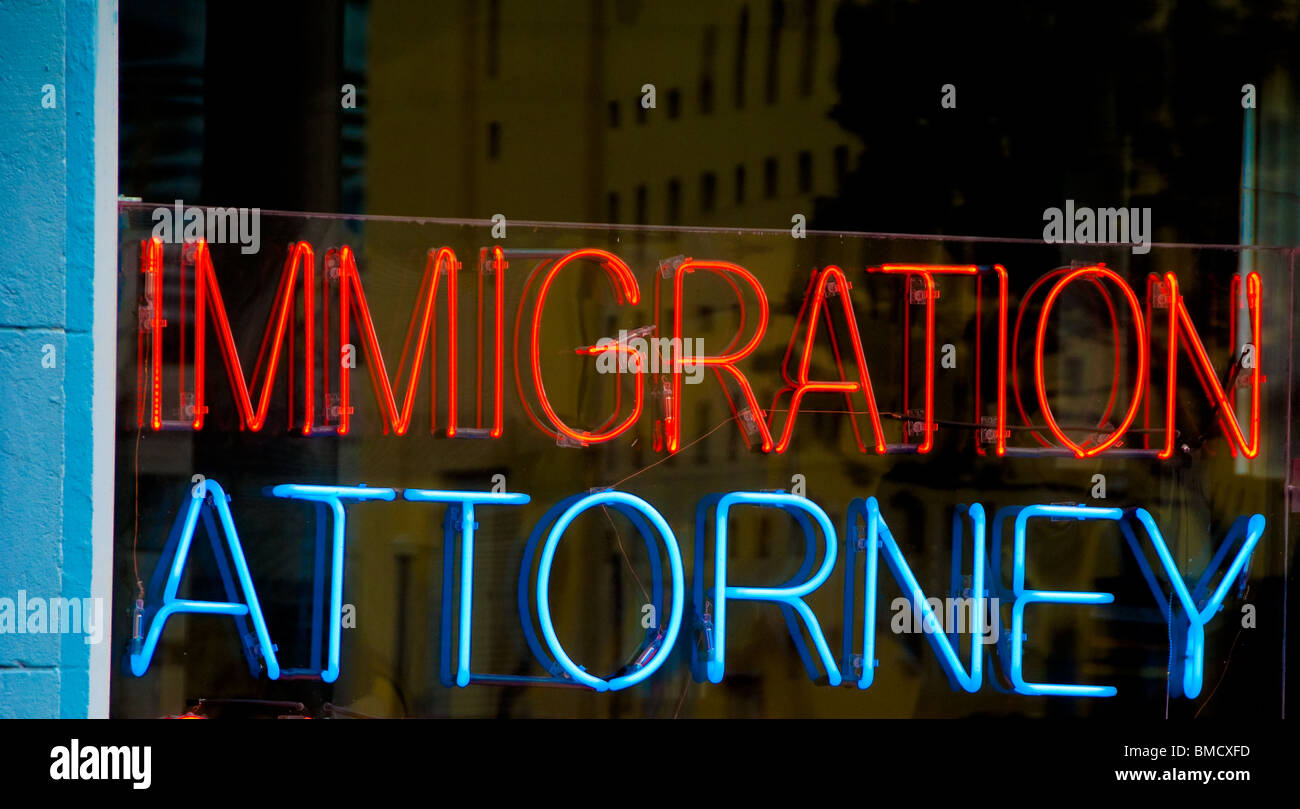 Procureur de l'Immigration signe dans la fenêtre, Miami Beach, Florida, USA Banque D'Images