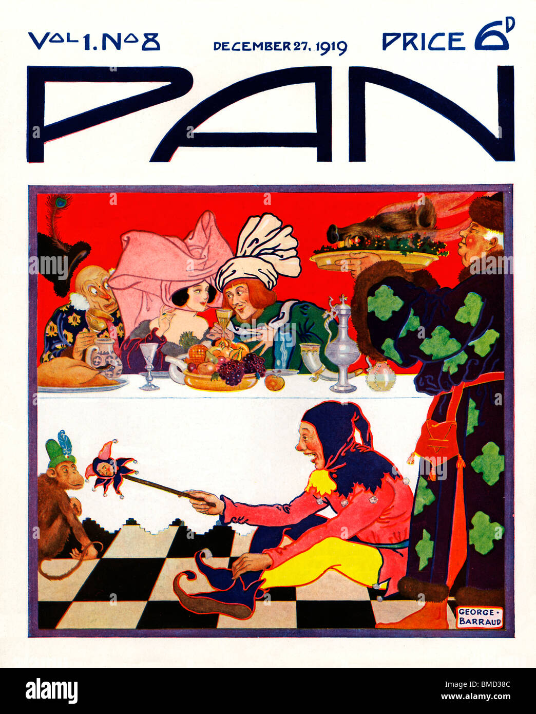 Pan, 27 décembre 1919, art déco couverture du magazine littéraire anglais, un le bouffon à un dîner médiéval joue avec le singe Banque D'Images