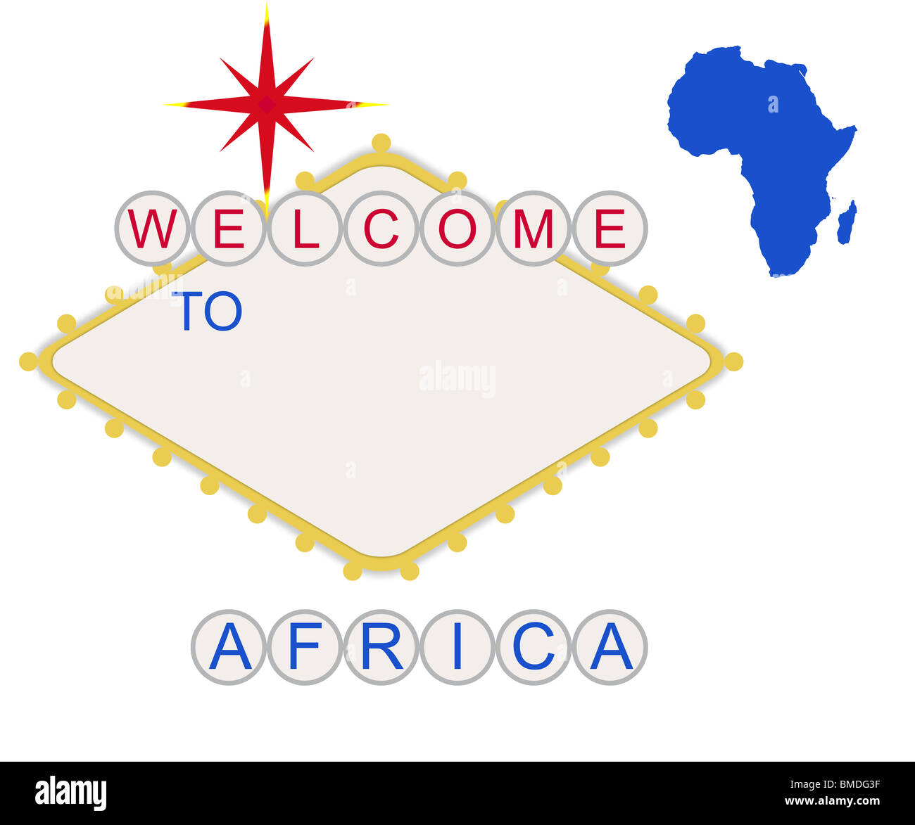 Bienvenue à en Afrique de style Las Vegas sign avec la carte et texte, isolé sur fond blanc. Banque D'Images