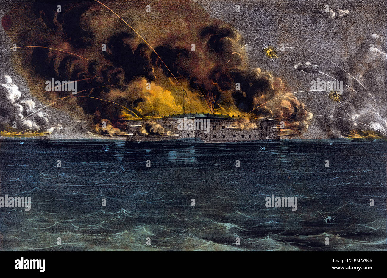 Affiche lithographie illustrant la bataille de Fort Sumter (avril 1861) 12 - 13 - Le début de la guerre civile américaine. Banque D'Images